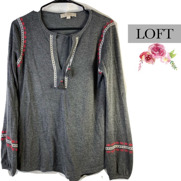 LOFT Sweaters - LOFT Gray Red Wool Blend Embroidered lightweight S